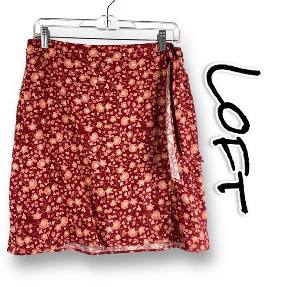 Loft Faux Wrap Floral Mini Skirt Linen Blend Crimson Red Womens Size 4 - Picture 1 of 11